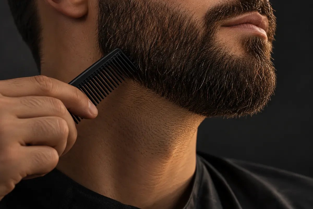 Anonymous close detail of a groomed beard line with a barber comb, face cropped out.