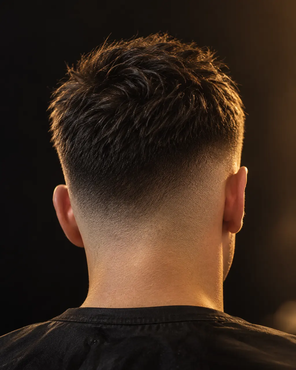 Close rear view of a clean fade under warm shop light, with the face out of frame.