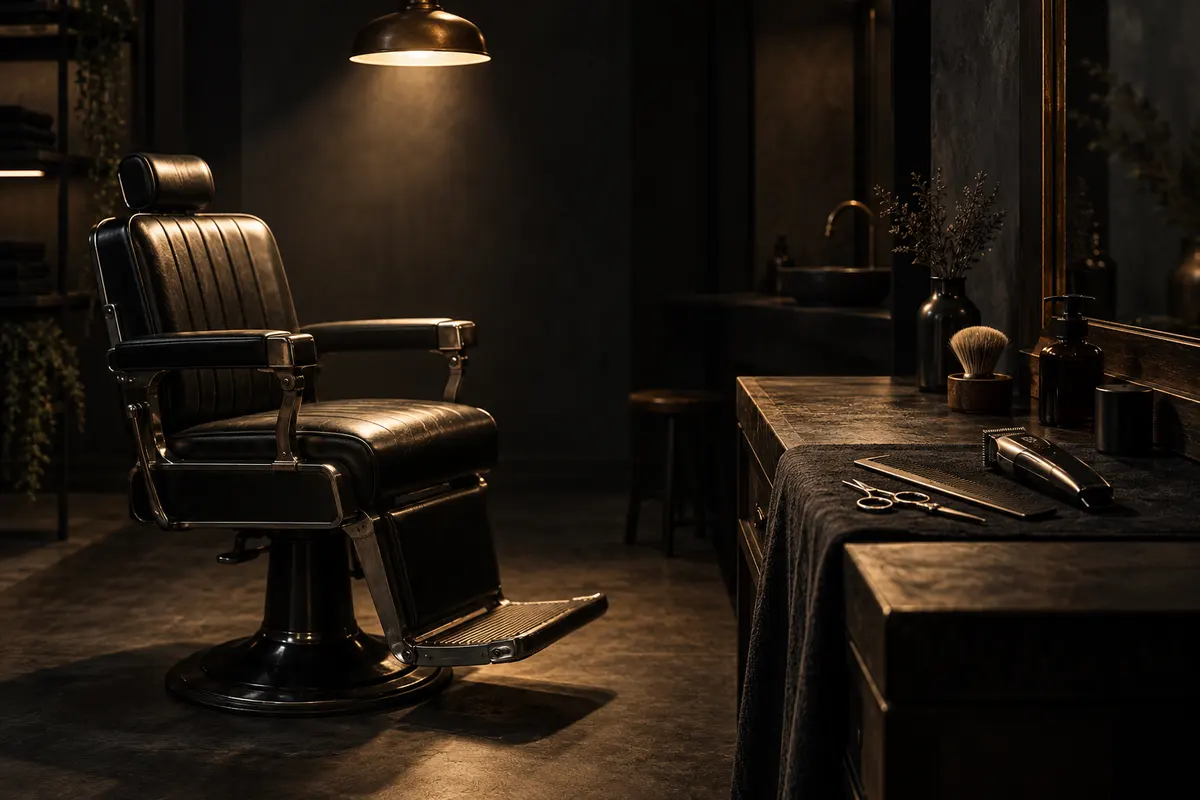Dark barber chair beside unbranded tools arranged under a narrow bronze light.