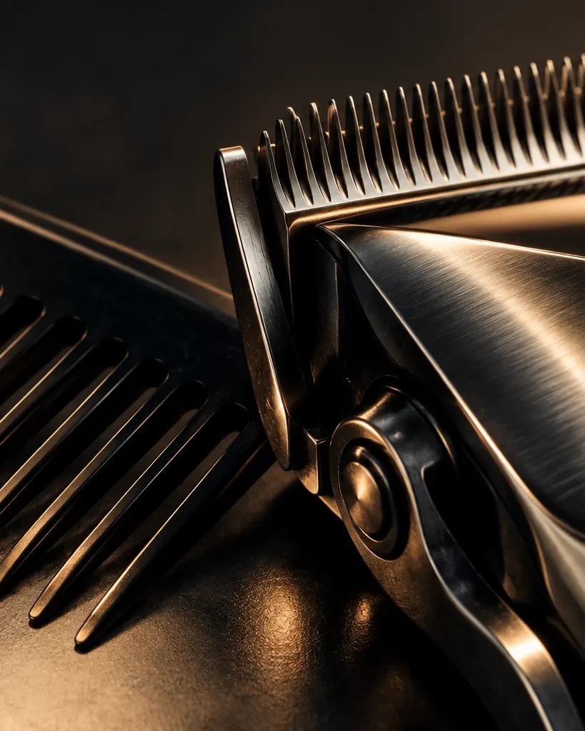Bronze light crossing polished unbranded barber clippers and a dark comb.